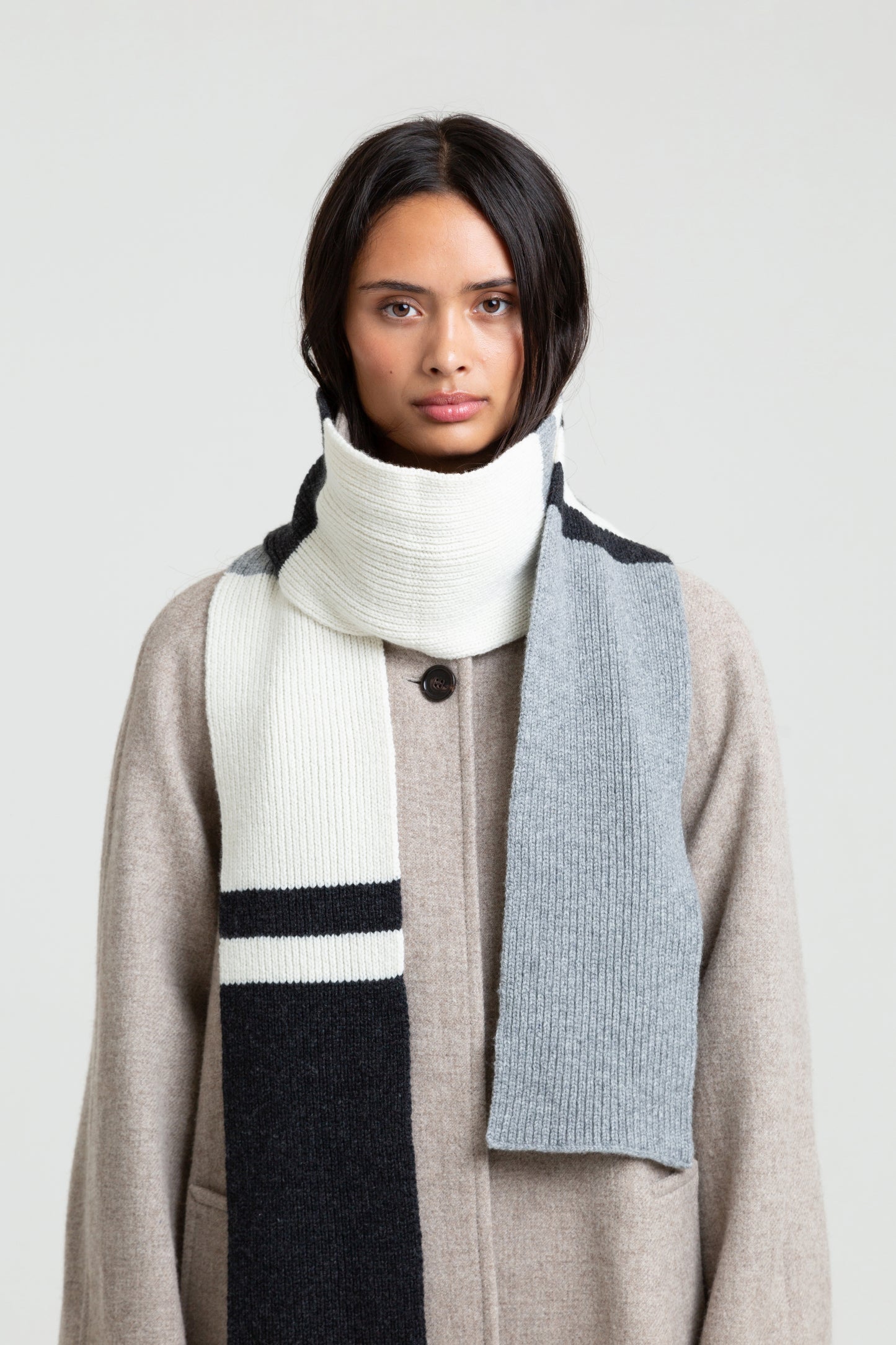 Striped Soft Wool Scarf - Grey/Charcoal/Ecru