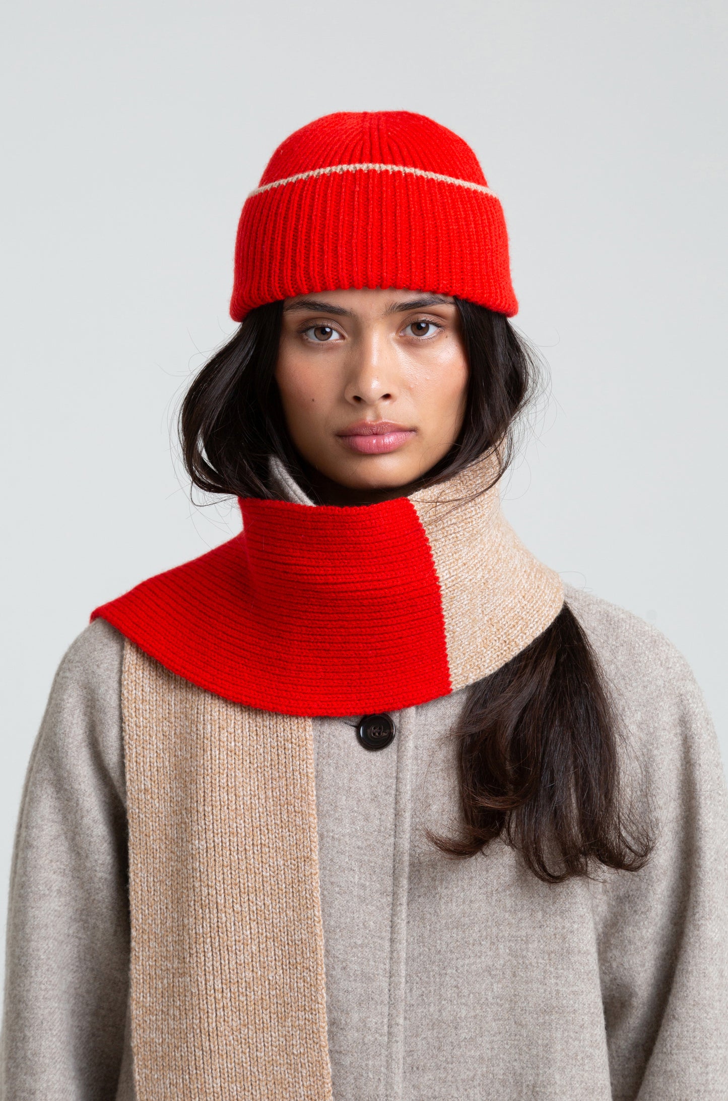 Blocked Soft Wool Scarf - Sand Marl/Red