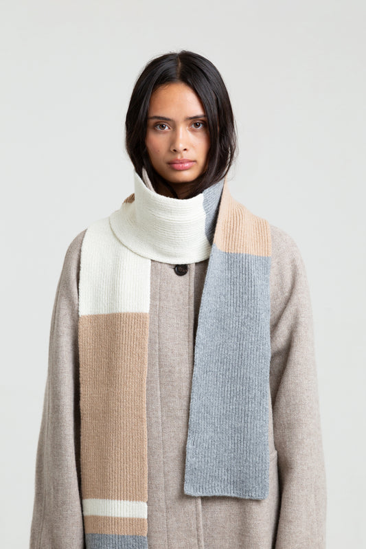 Striped Soft Wool Scarf - Grey/Sand/Ecru