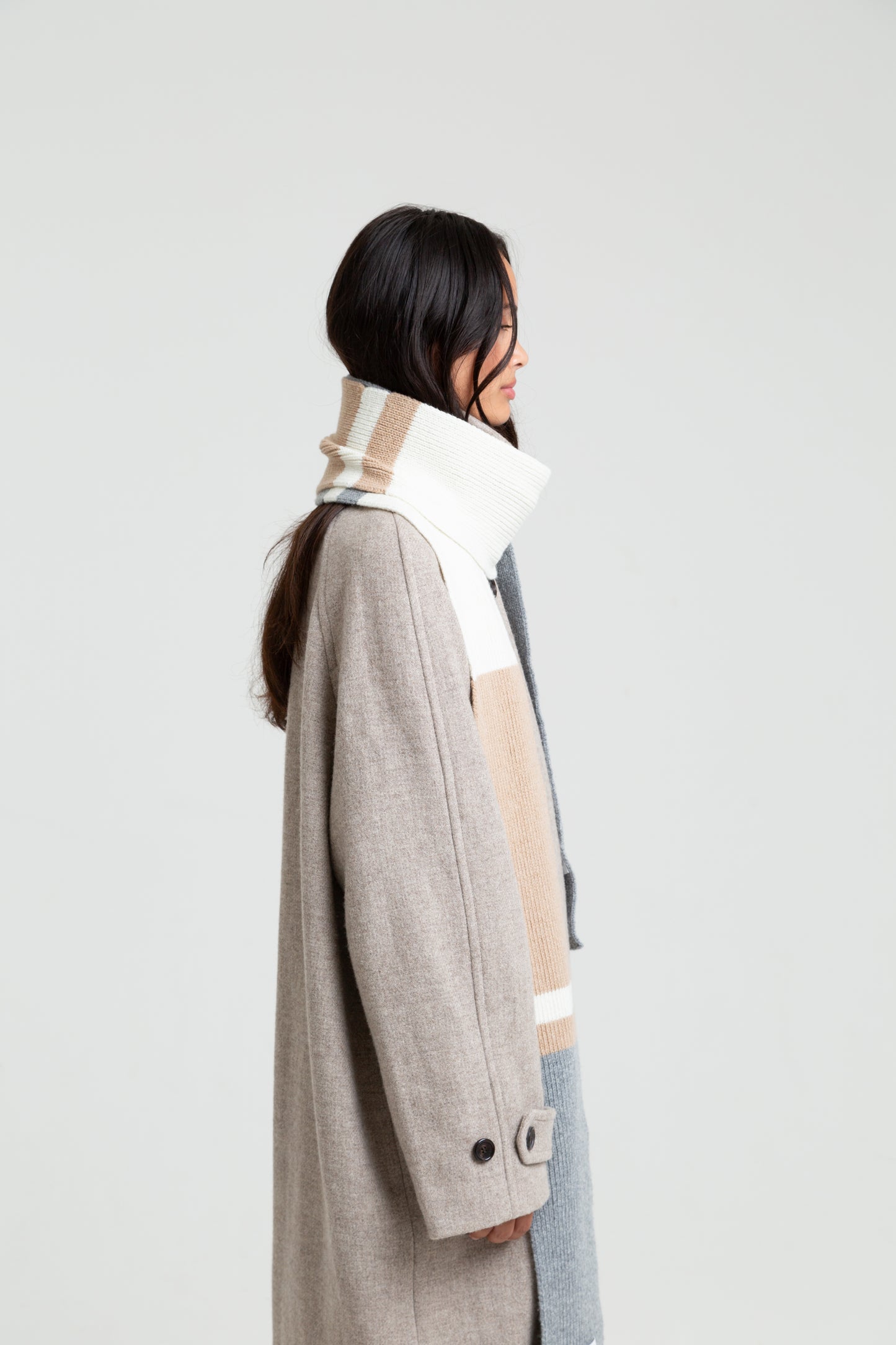 Striped Soft Wool Scarf - Grey/Sand/Ecru