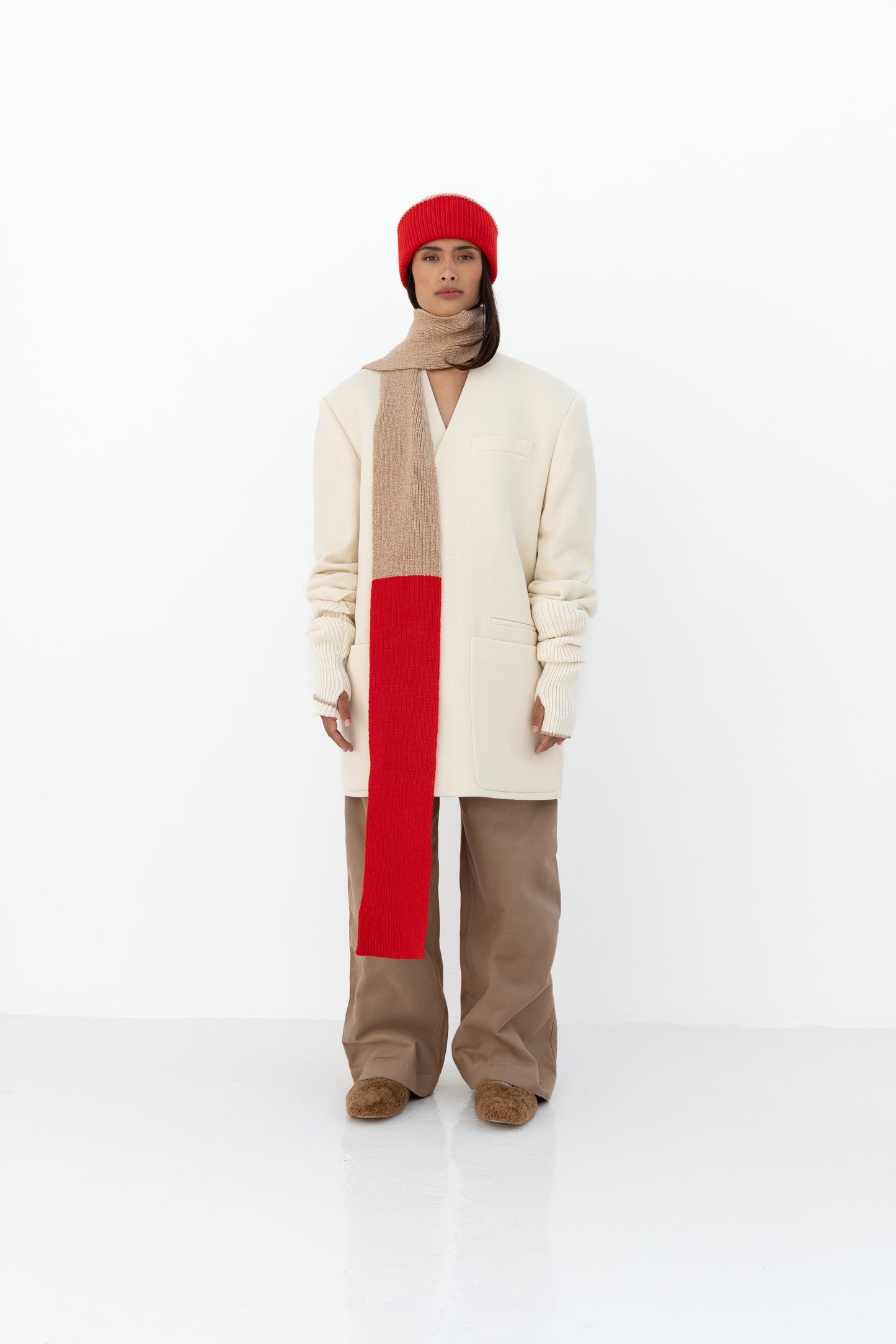 Blocked Soft Wool Scarf - Sand Marl/Red