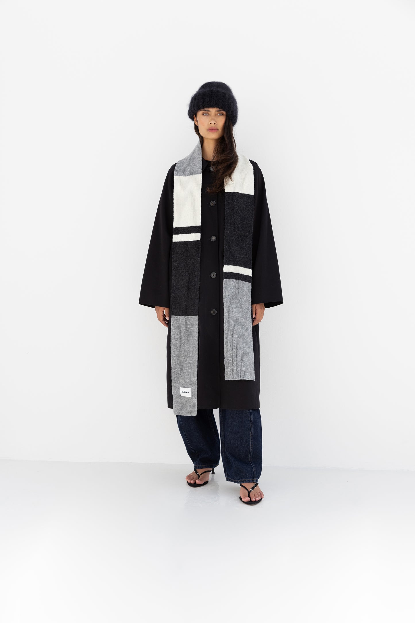 Striped Soft Wool Scarf - Grey/Charcoal/Ecru