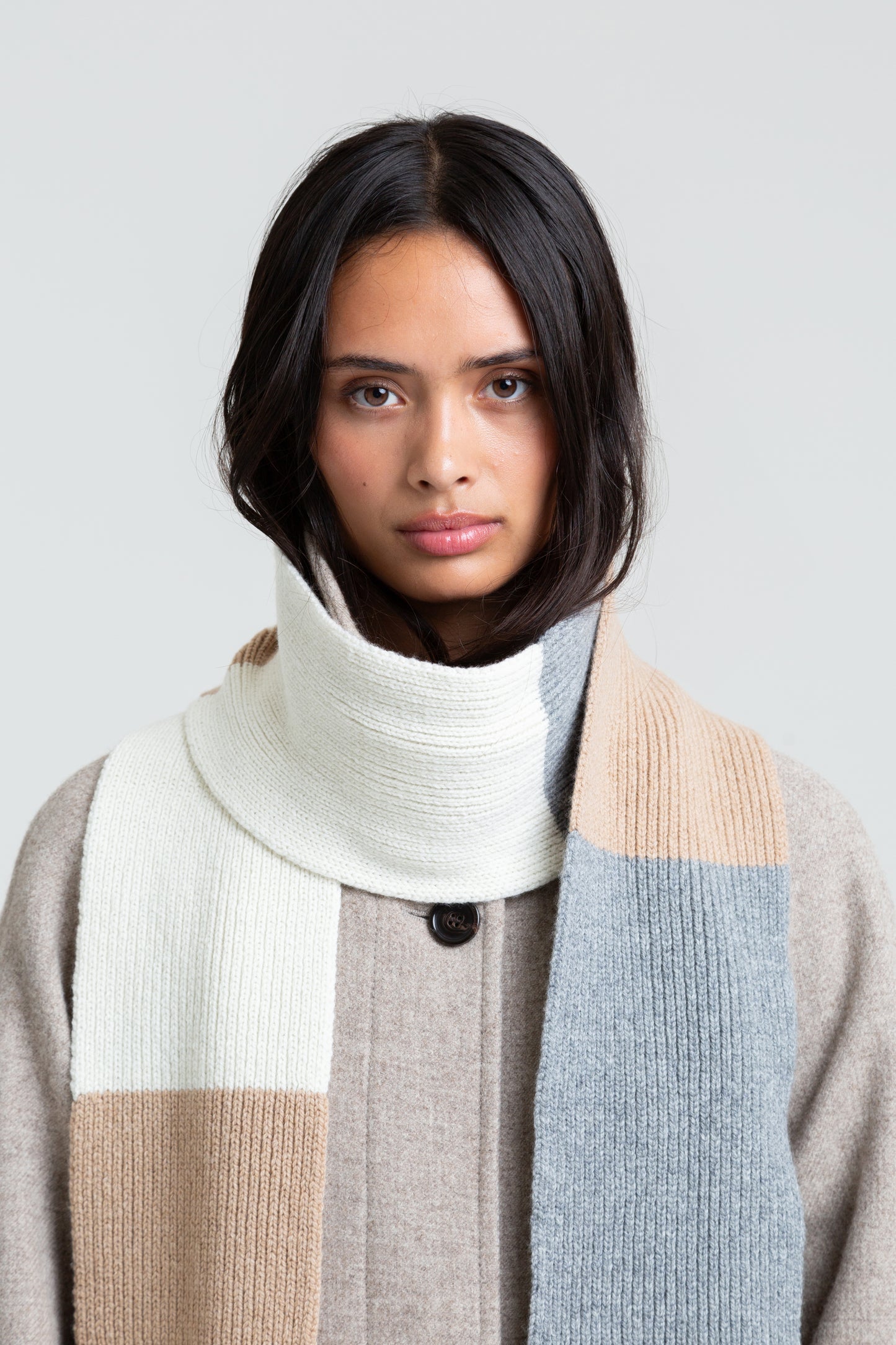 Striped Soft Wool Scarf - Grey/Sand/Ecru