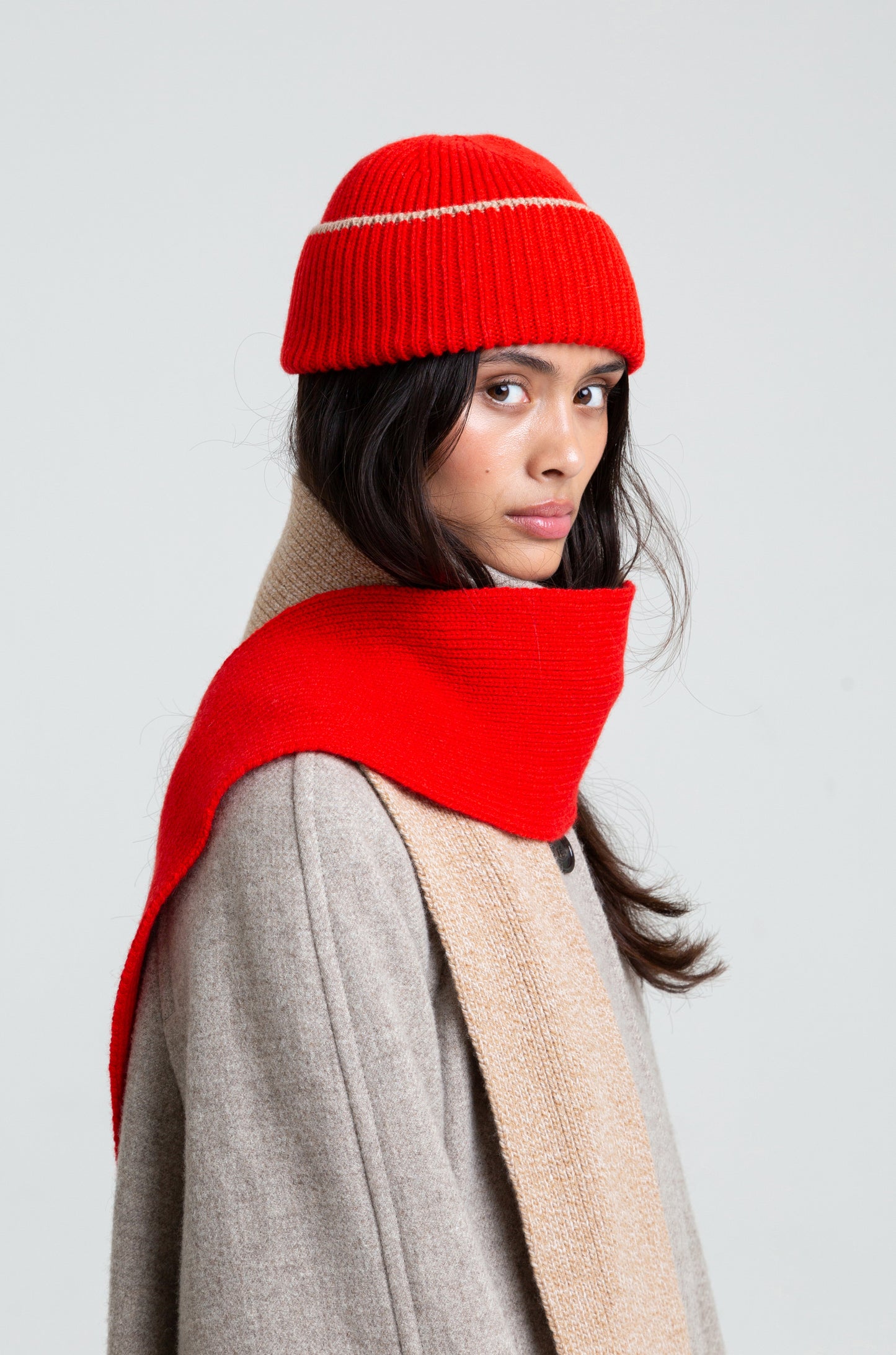 Blocked Soft Wool Scarf - Sand Marl/Red