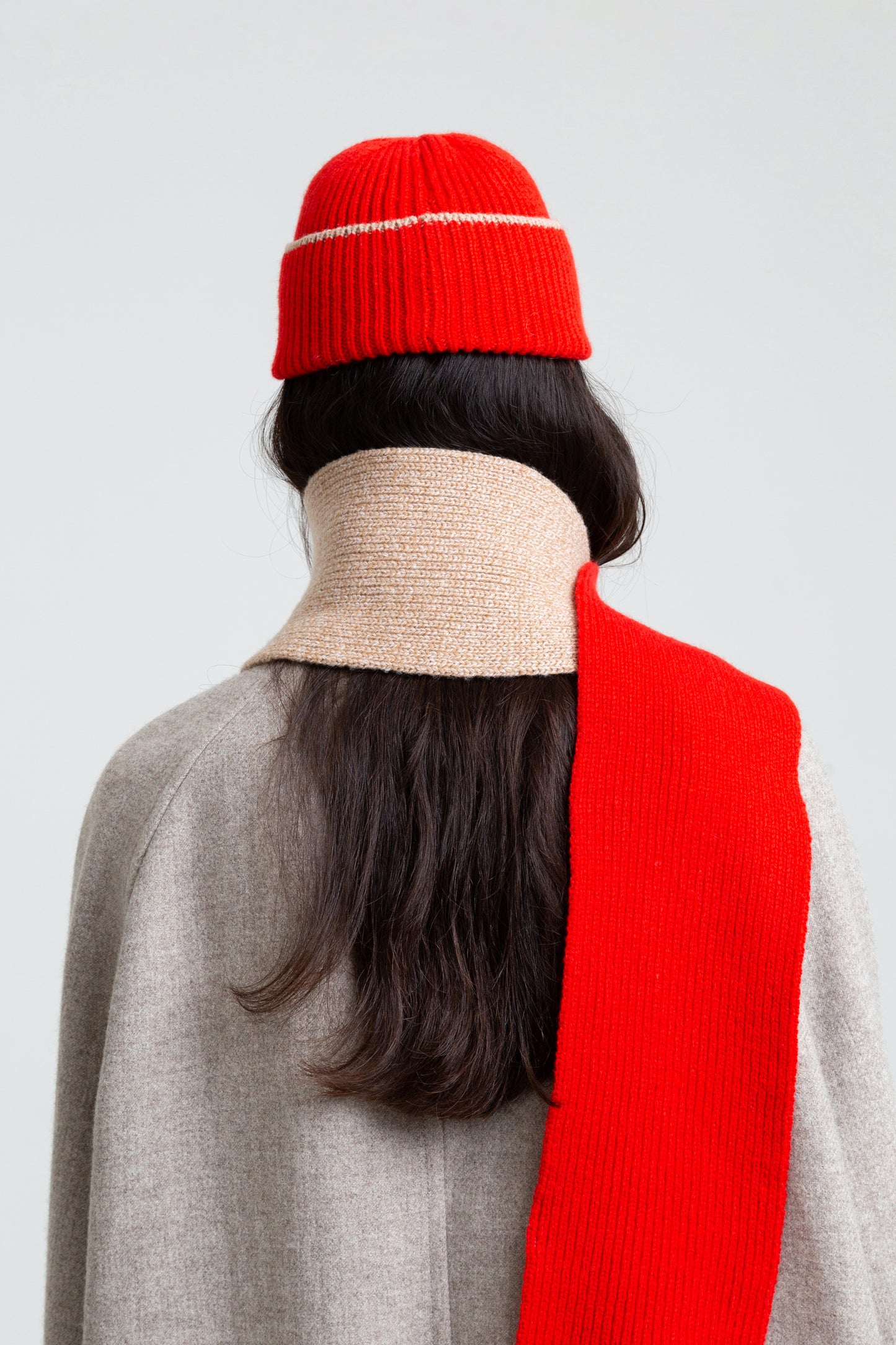 Blocked Soft Wool Scarf - Sand Marl/Red