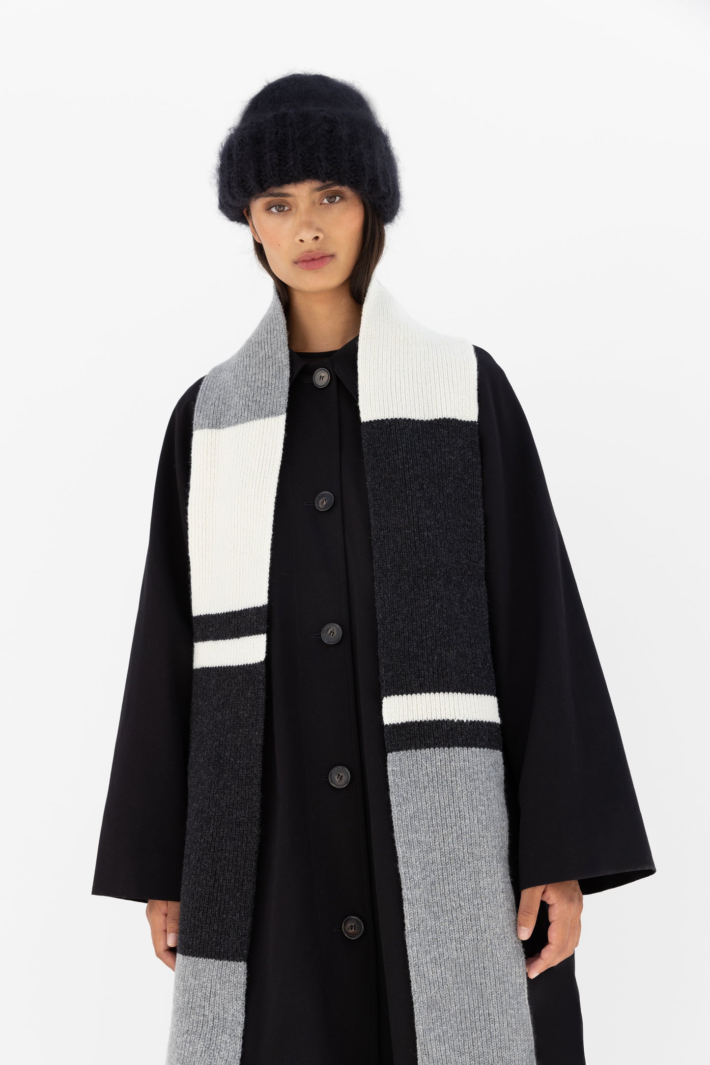 Striped Soft Wool Scarf - Grey/Charcoal/Ecru