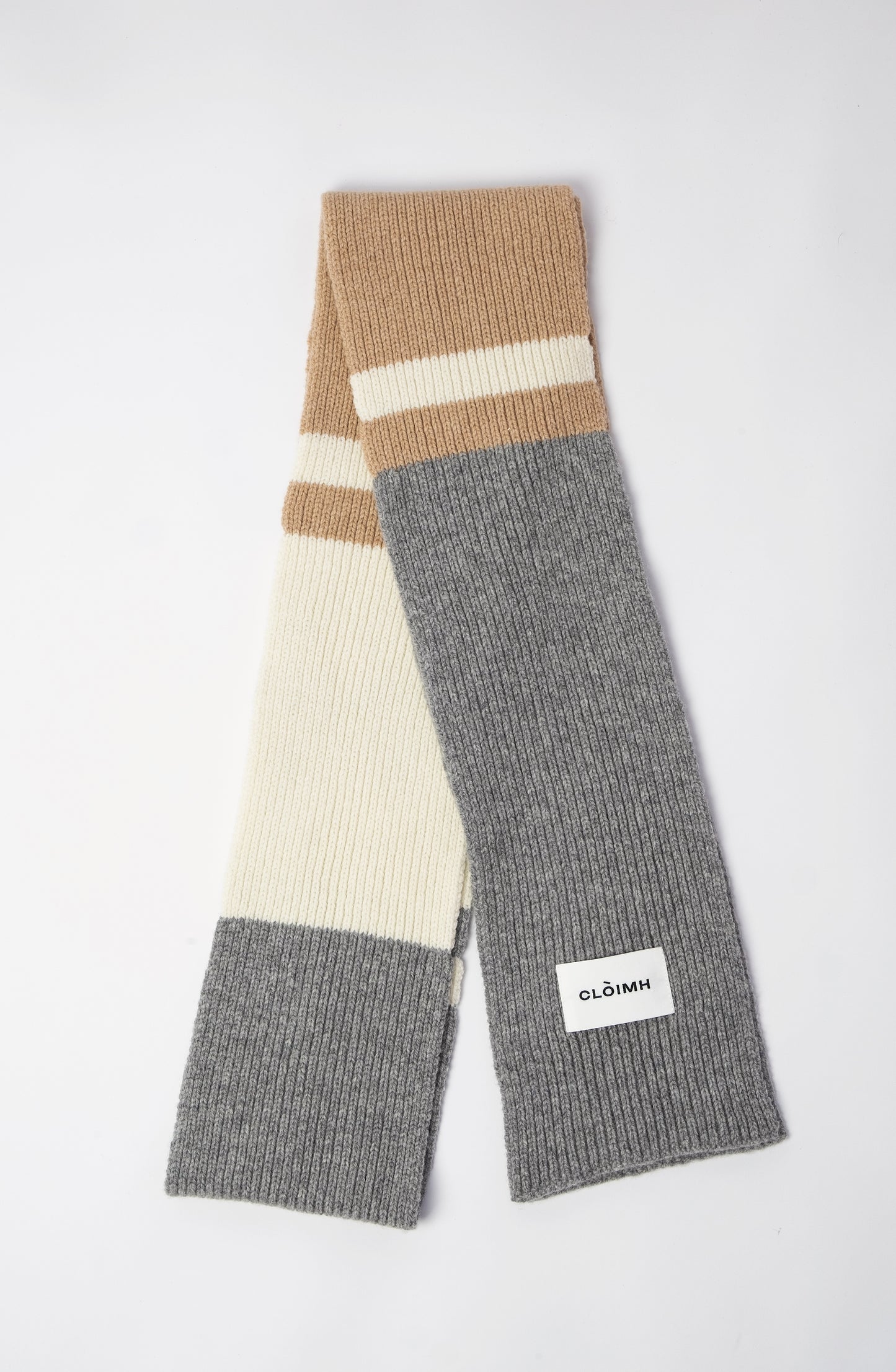 Striped Soft Wool Scarf - Grey/Sand/Ecru