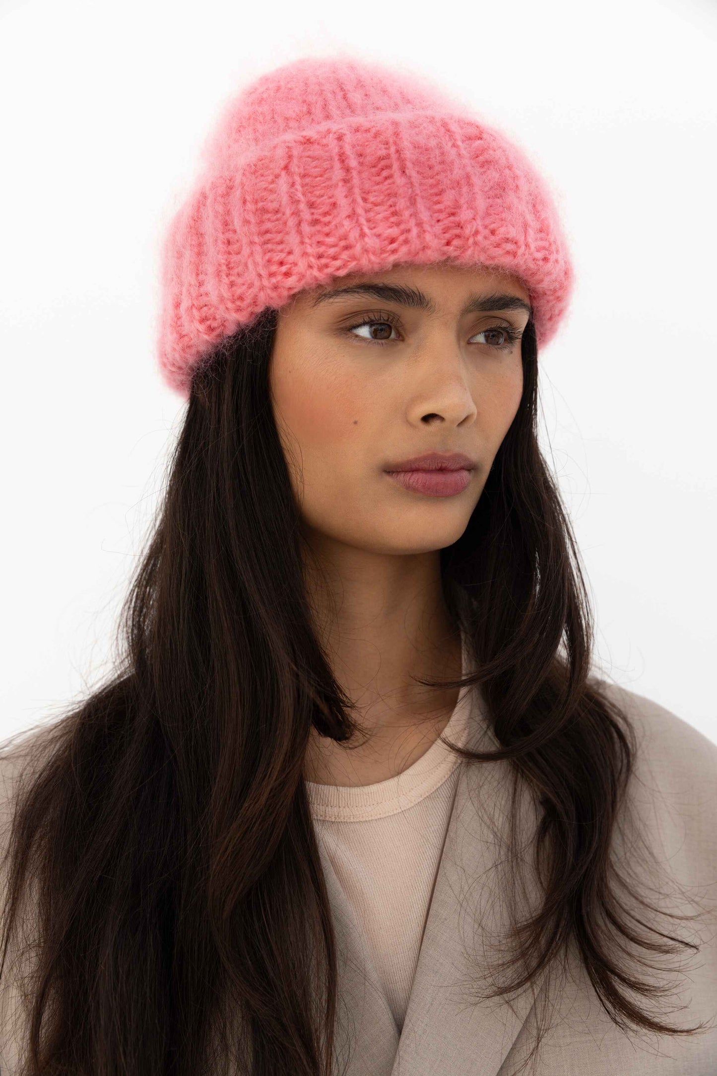 Brushed Mohair-Wool Beanie Hat - Rose