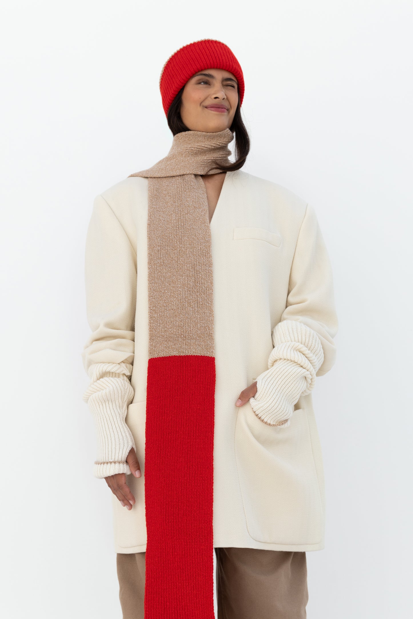 Blocked Soft Wool Scarf - Sand Marl/Red